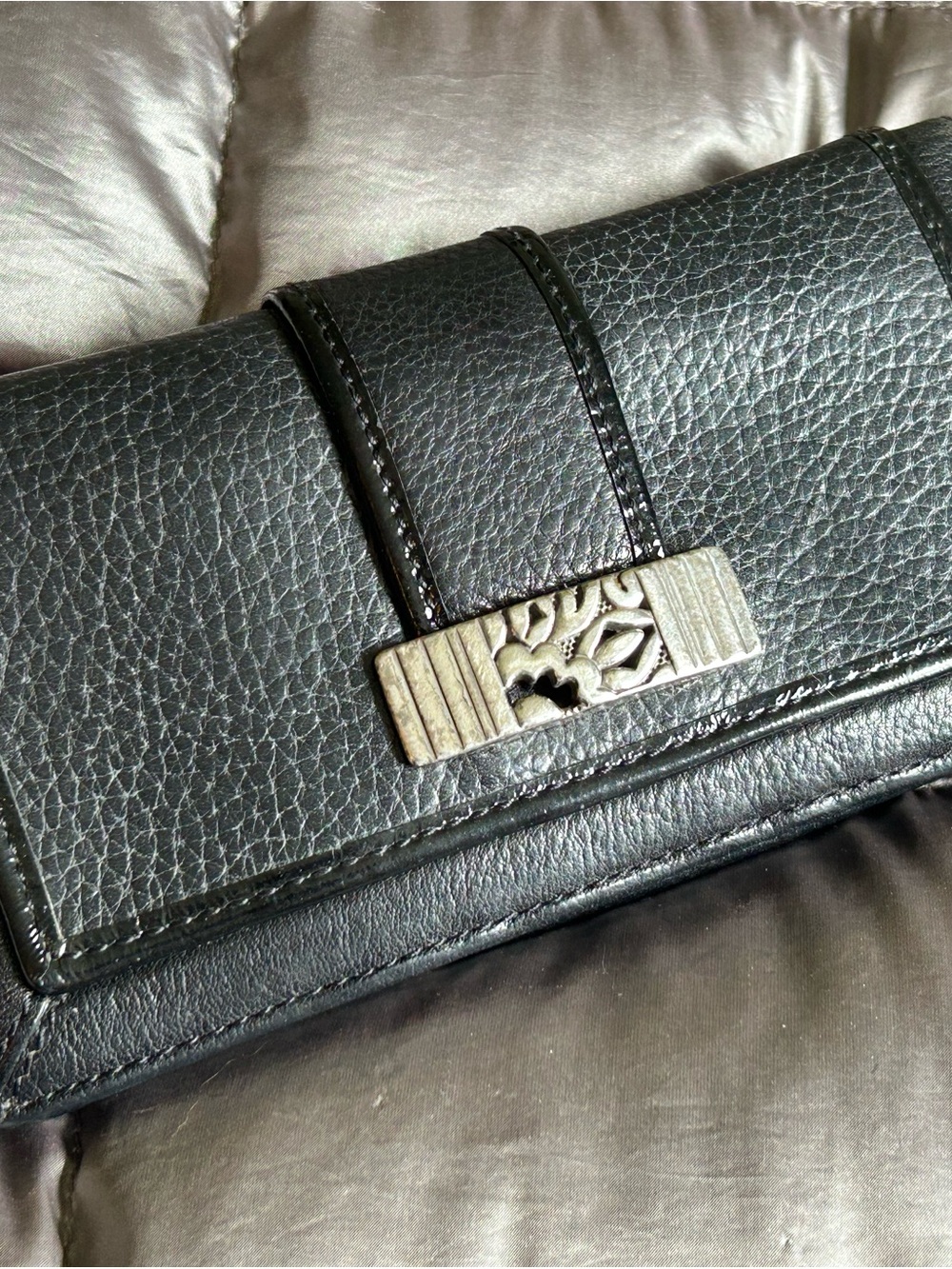 Brighton Black Leather Clutch Wallet with Silver Filigree Accent